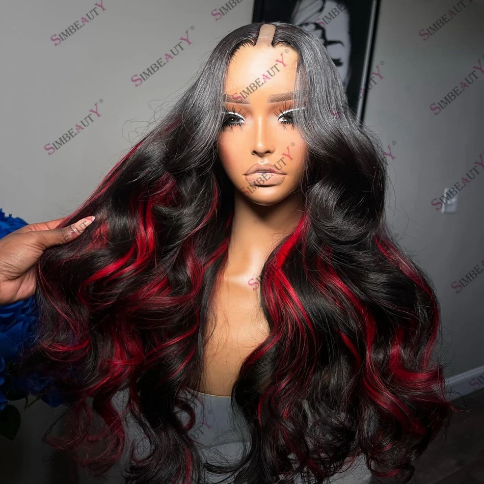 

New Arrival Red Highlight Body Wave Human Hair Machine Made U Part Wigs Remy Indian Soft Hair 250 Density 1x4 V Part Women Wigs