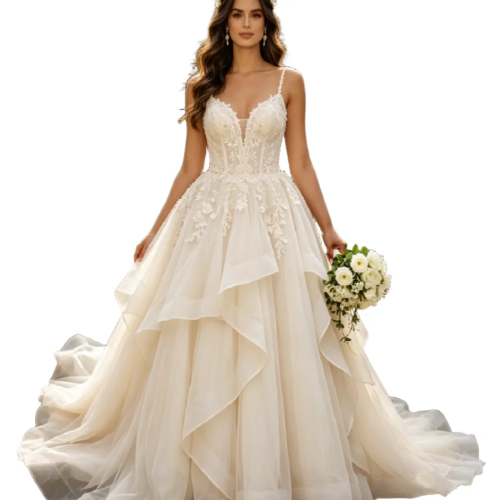 Champagne A Line Curvy Wedding Dress 2026 Elegant Spaghetti Straps 3D Floral Lace Tiered Ruffles Bridal Gowns Plus Size Mariage