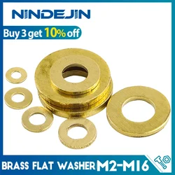 NINDEJIN Brass Flat Washer M2 M.5 M3 M4 M5 Metric Brass Plain Washer Flat Gasket Anti Slide Fastener Copper Ring for Screw Bolt
