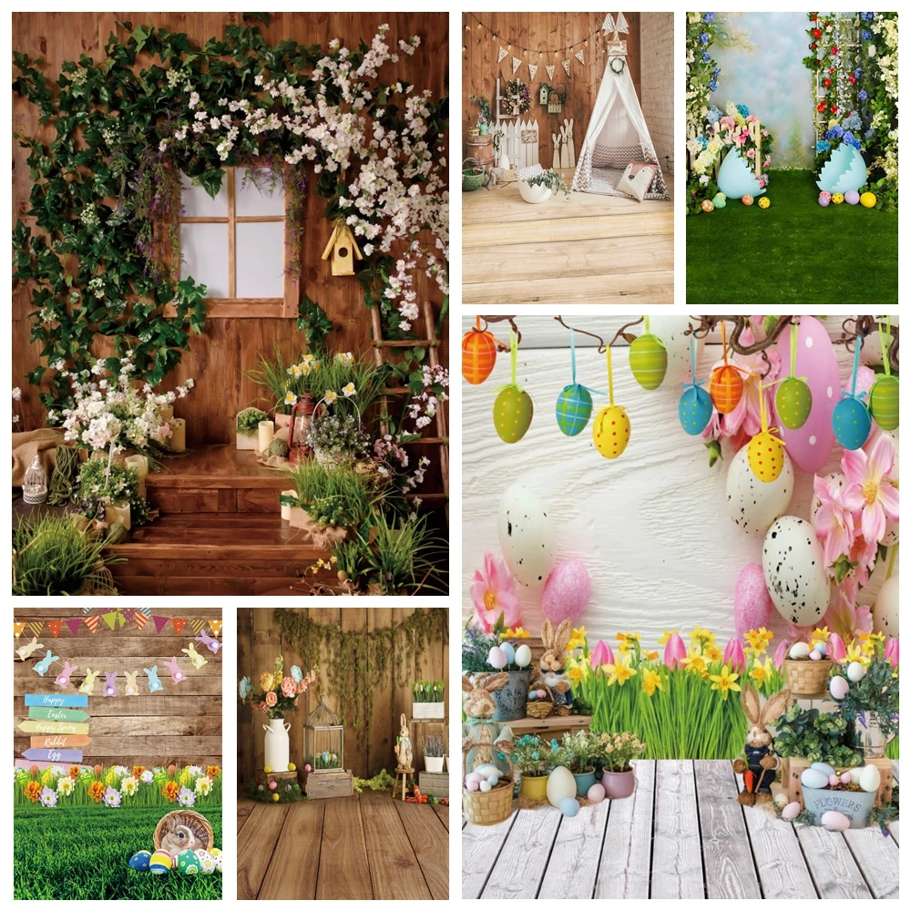 

Happy Easter Backdrop for Photography Spring Green Grass Flower Eggs Rabbit Bunny Wood Board Baby Kids Photo Background Studio