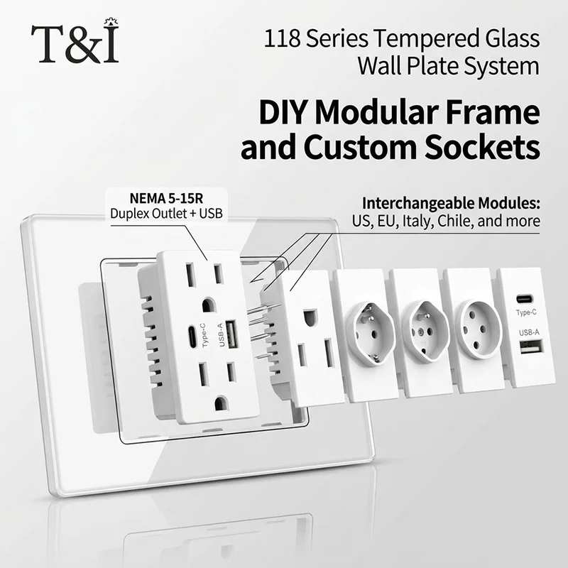 Tempered Glass Wall Plate 2x4 Inch, Modular DIY Socket Panel with NEMA 5-15R Duplex Outlet and US EU Italy Chile Modules