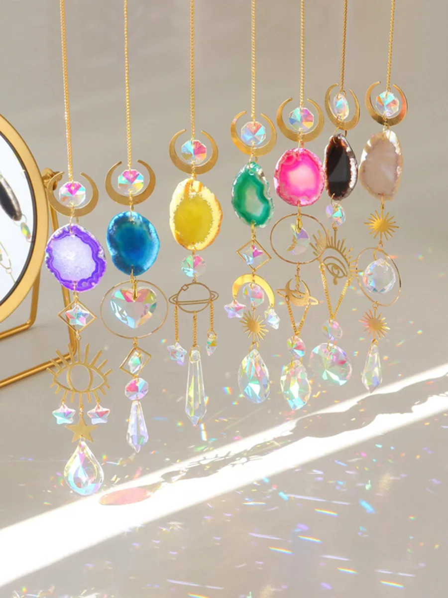 Crystal Sun Catcher Colorful Agate Rainbow Maker Stained Glass Evil Eye Sun Moon Window Hanging Prism For Garden Home Decoration