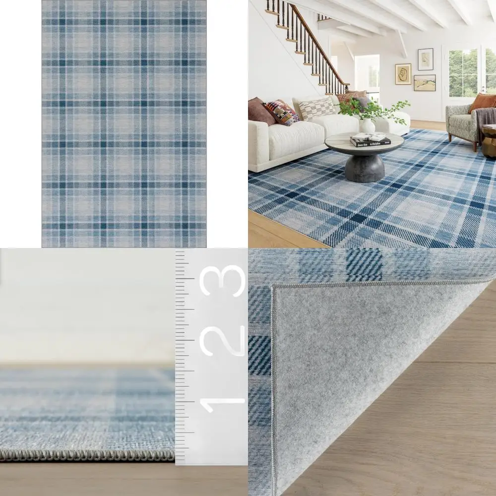 

Machine Washable Plaid Rug, 4x6 Feet, Blue and White Pattern, Durable and Stylish for Home Decor