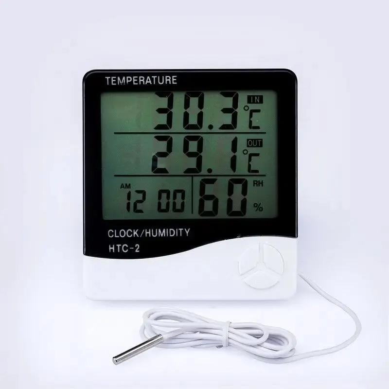 LCD Digital Temperature Humidity Meter HTC-2 Home Indoor Outdoor Hygrometer Thermometer Weather Station with Clock