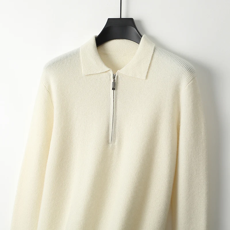 

Мужской деловой свитер-пуловер на молнии из 100% шерсти с отложным воротником, утепленный, осенне-зимний, вязаный, для ношения под одеждой