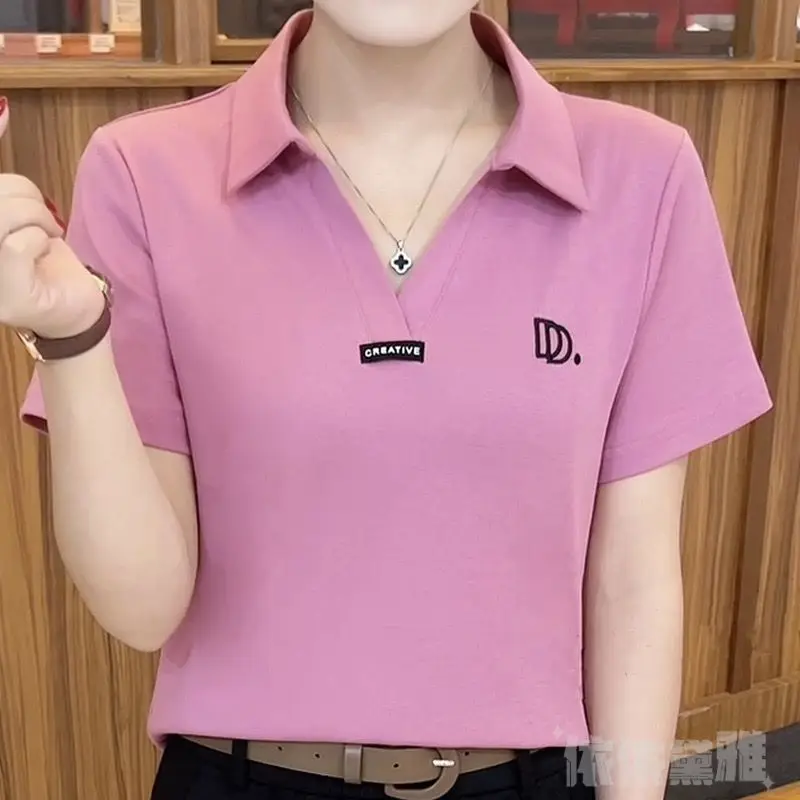 Odzież damska Polo Neck Solid Color Letter Tops Tees Summer Short Sleeve Thin Loose All-match Office T Shirts Fashion Casual