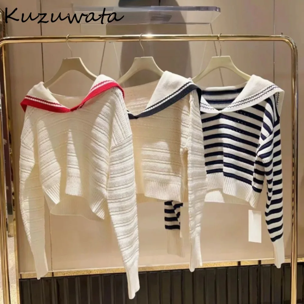 Kuzuwata Sweet Turn-Down Collar Long Sleeve Elegant Sweaters Preppy Style Casual All-match Panelled Jumper Japan Stripe Knitted