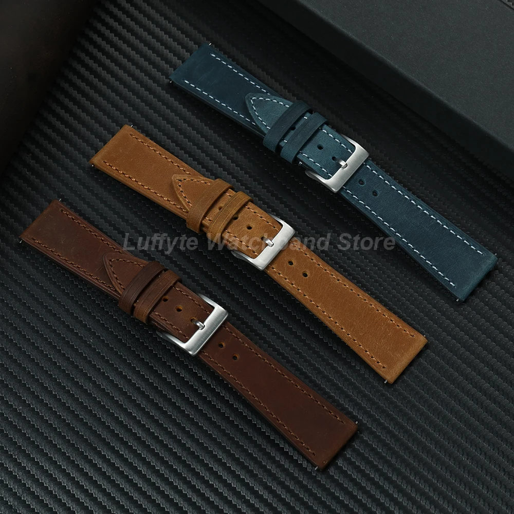 Correa de reloj de cuero Crazy Horse de primera calidad para hombre, diseño de liberación rápida, 18mm, 19mm, 20mm, 21mm, 22mm, correa cómoda para reloj de pulsera