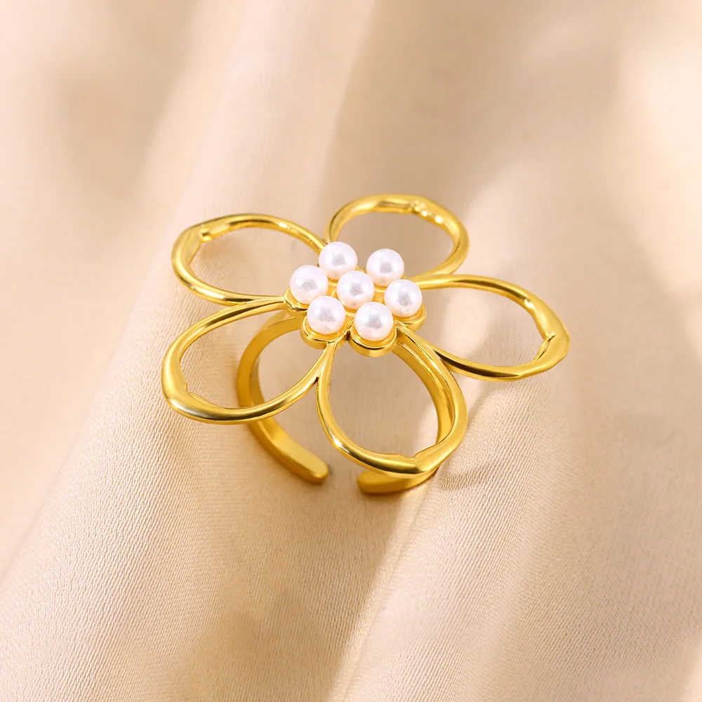 

Big Open Flower Open Ring With Synthethic Pearl Woman Party Finger Ring Band Beautiful Birthday BFF Gift Stainless Steel Jewelry