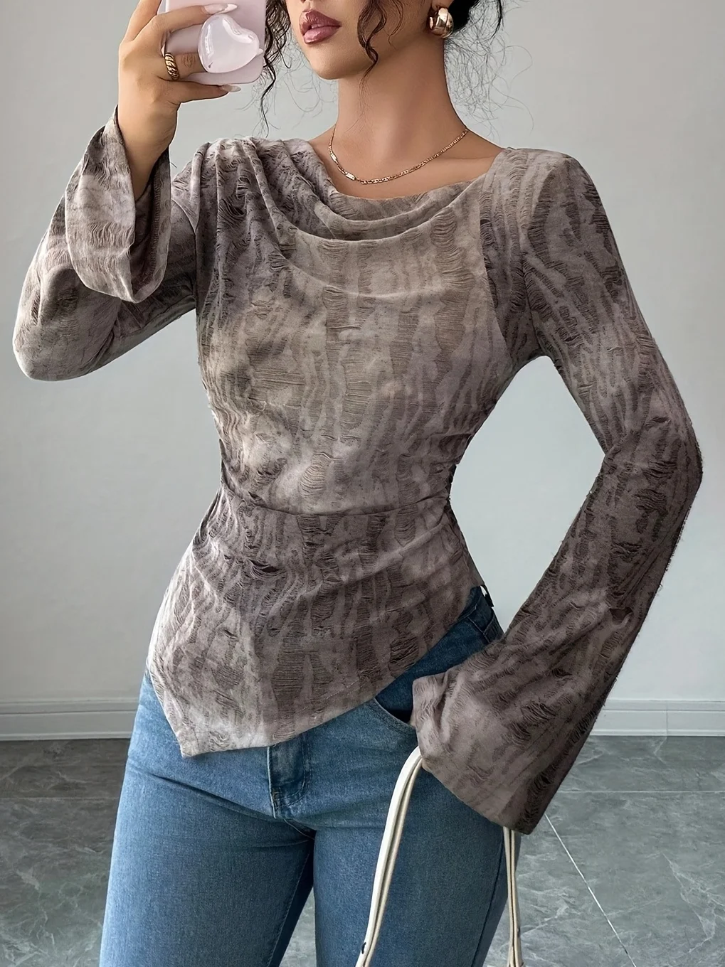 Women Grunge Tie Dye Long Sleeve Tee Bell Sleeve Asymmetric Draped Neck Slim Fit Elegant Casual Festival Street Party Date Daily