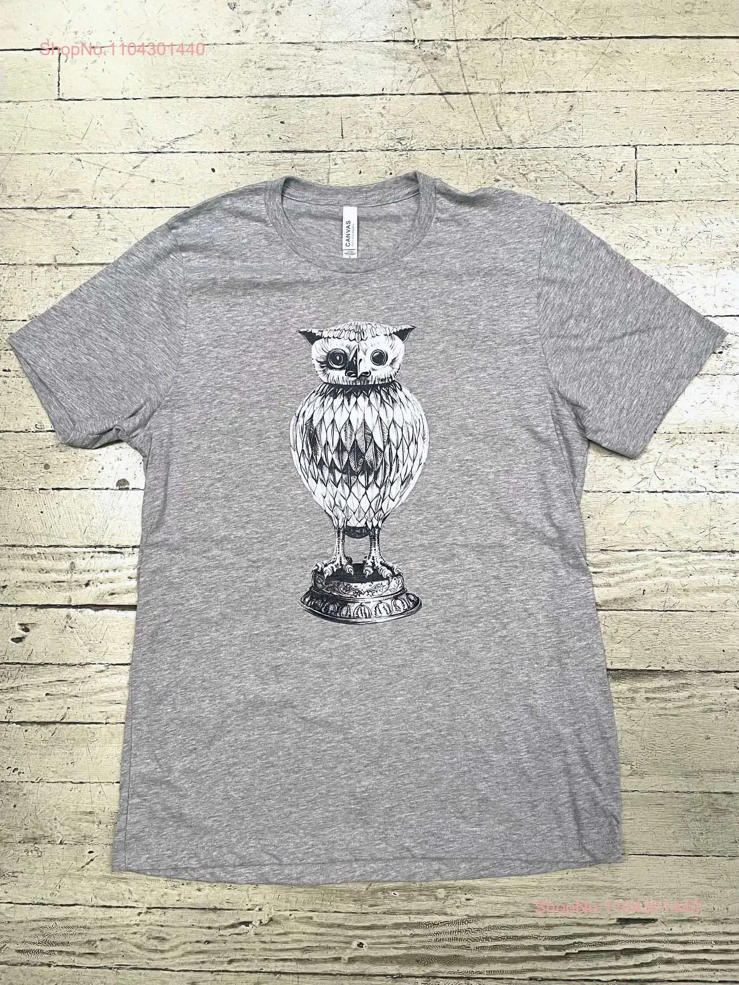 Owl Statue Gray T Shirt Nature Hand Drawn Illustrated Men Woman Art Owls long or short sleeves