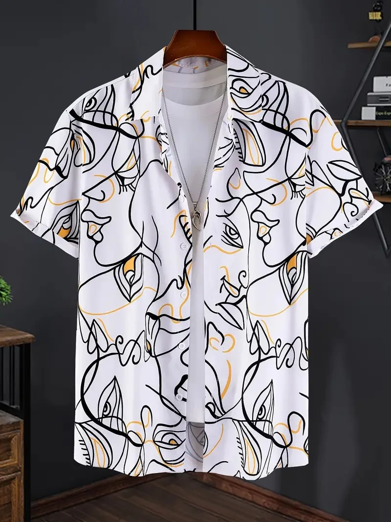 Men\'s Hawaiian floral pattern print shirt with lapels, button fly and short sleeves, stylish and fashionable design, comfortable