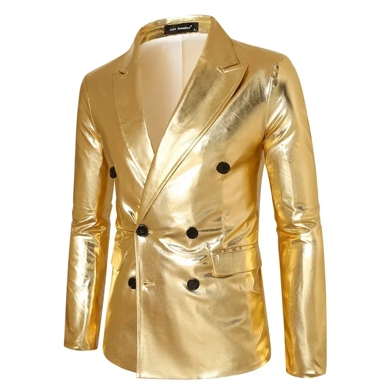 Men's Metallic Jacket Shiny Gold Double Breasted Blazer for Women Men Stylish Sequined Suit Jacket 70s Nightclub Disco Costume