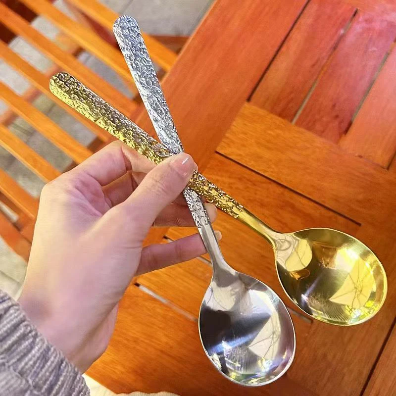 Stainless Steel Ice Crack Spoon Japanese Hammer Pattern Round Head Spoon Household Spoon Soup Spoon Dessert Spoon Rice Scoop