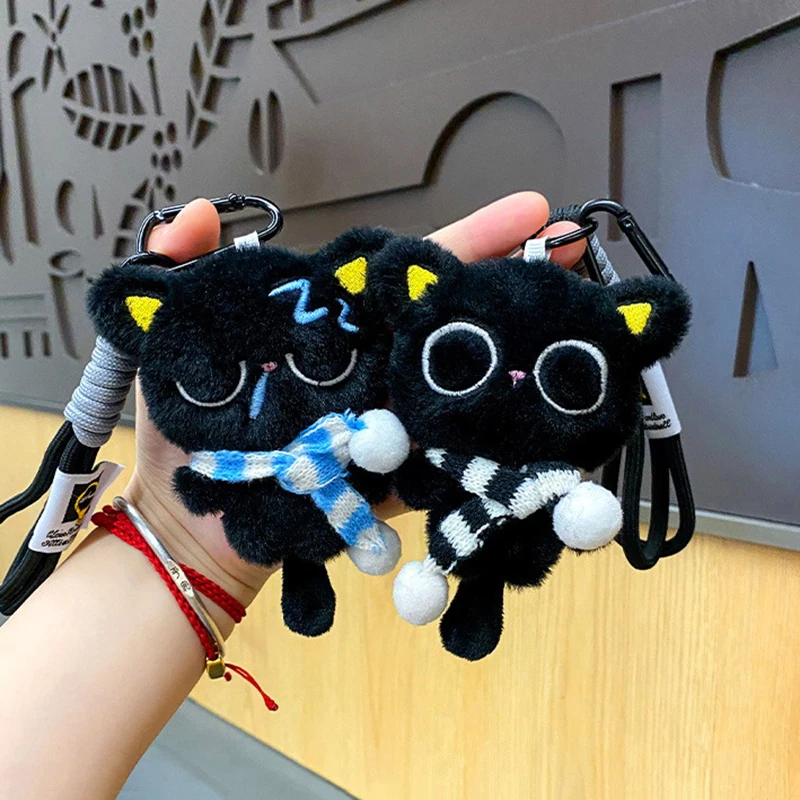 12CM Sleepy Black Cat Plush Keychain Black Cat Bag Pendant Striped Scarf Stuffed Doll Bag Pendant Soft Car Keychain Gift
