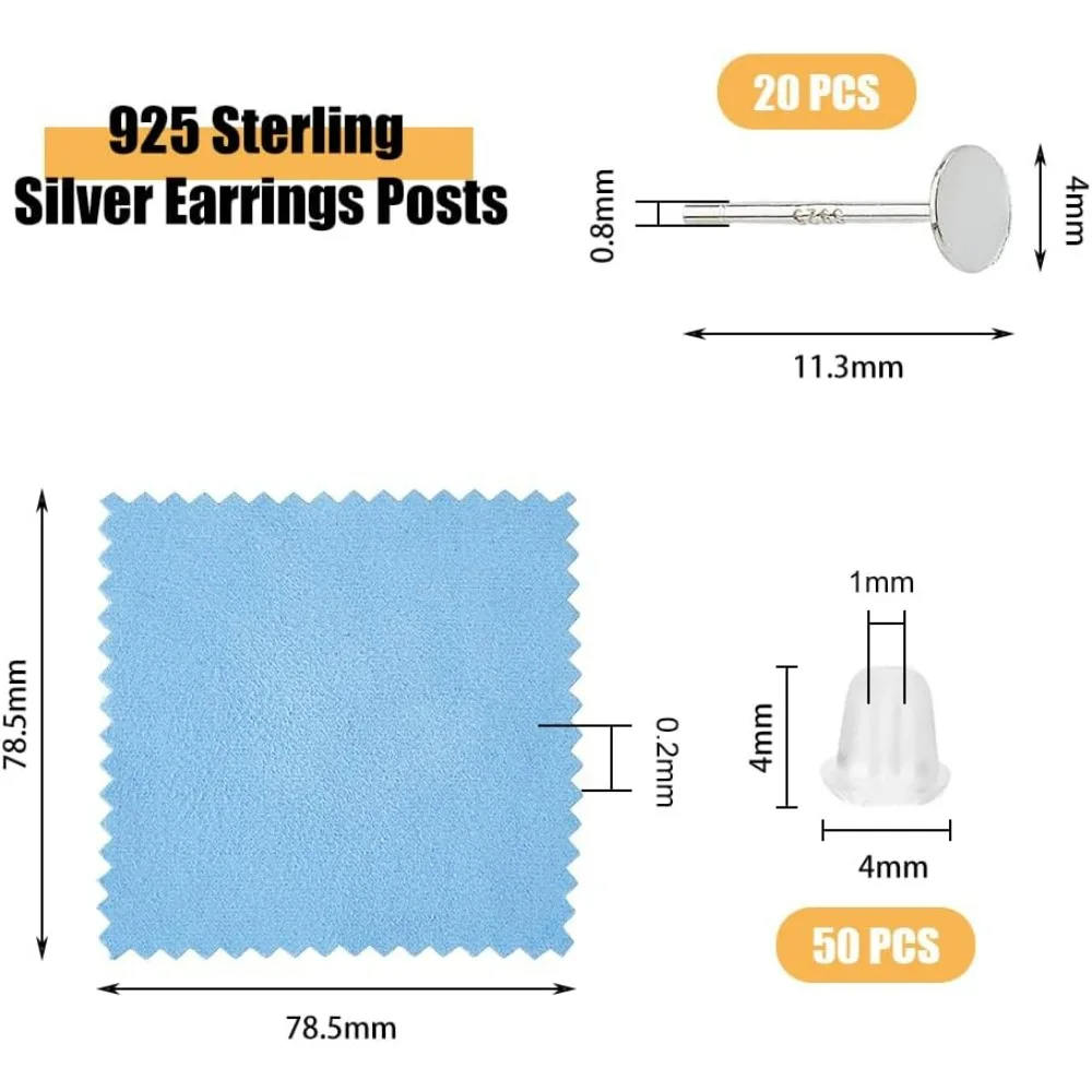 20Pcs 925 Sterling Silver Earrings Posts Flat Pad Earring Studs 4mm Silver Earring Pads Blanks Earring Pin making kit