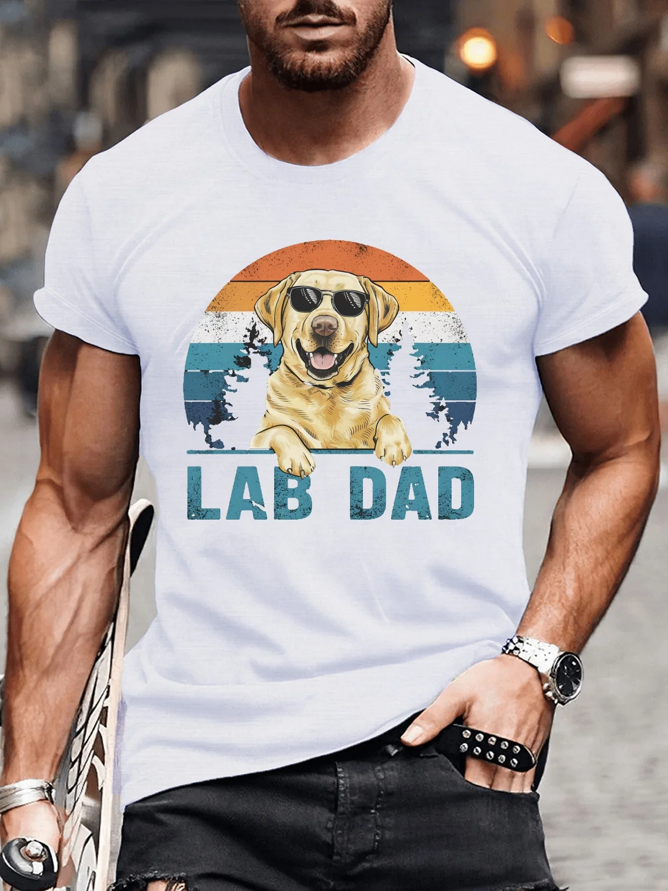 

[Perfect Summer Labrador Tee] LAB DAD" Labrador Print T-Shirt for Men - Casual Short Sleeve, Breathable Polyester