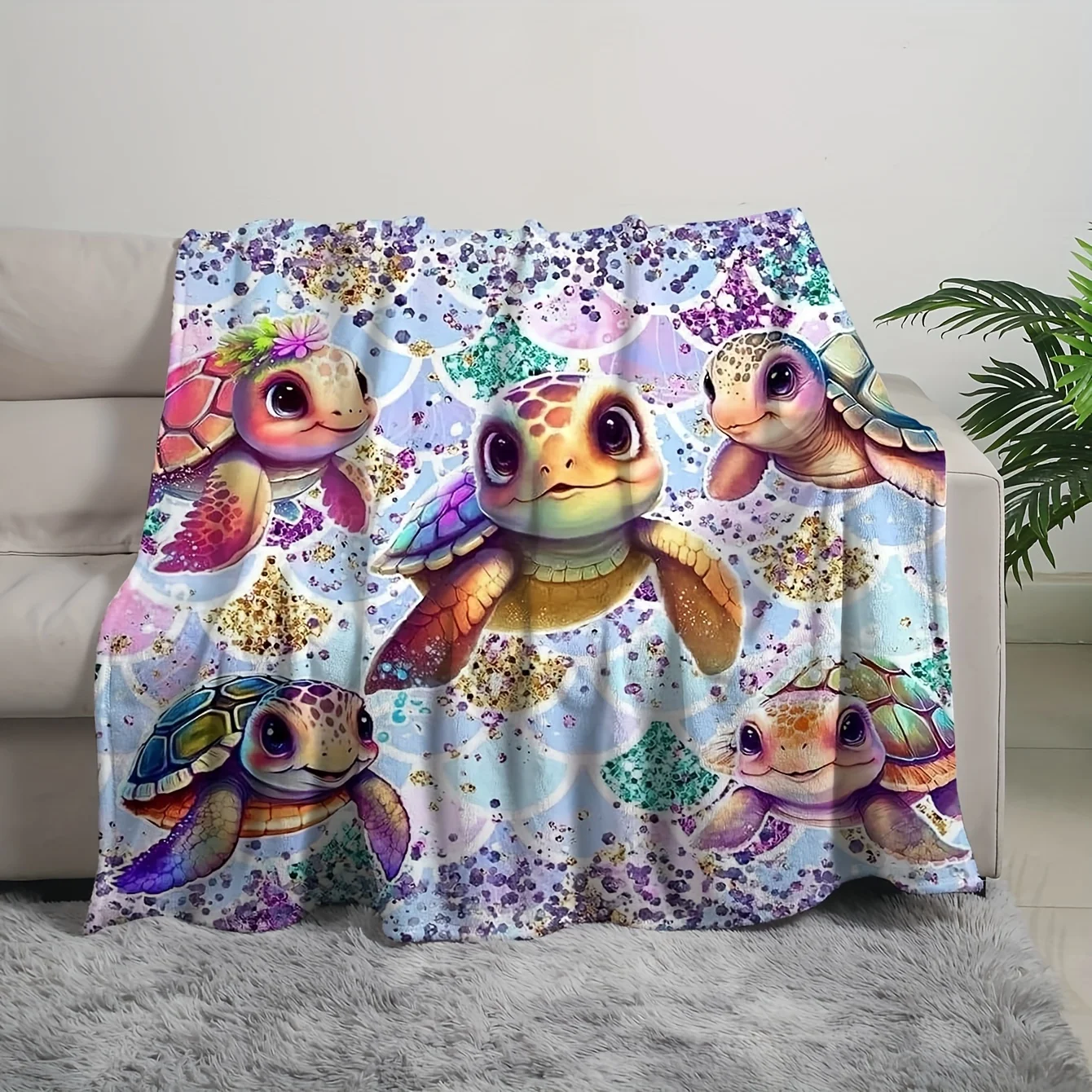 1pc digital printed flannel blanket Cute Turtle splicing elements Soft and warm perfect gift blanket Novelty gift for family and