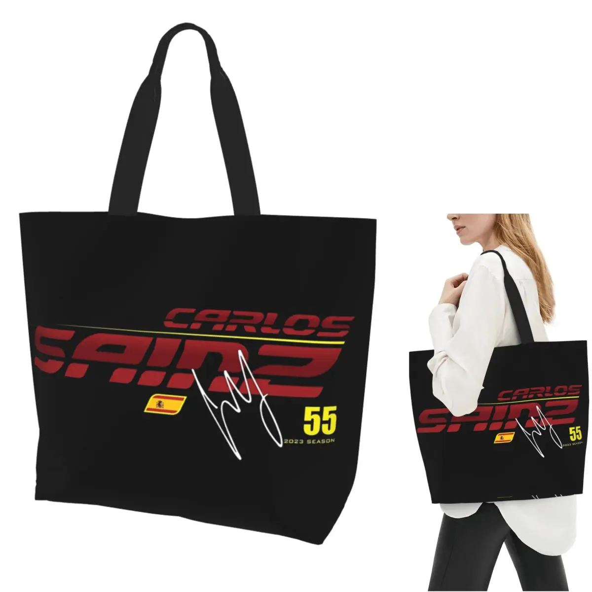 

Carlos Sainz Jr F1 Signature Graphic Dark Shopping Tote Bag Canvas Large Capacity Shoulder Bags Shopper Grocery Handbag Women