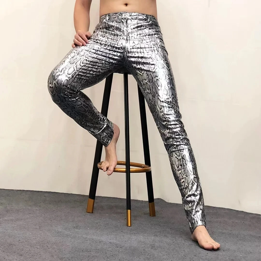 

Men Skinny Elastic Tights Snake Pattern Leopard Leather Pant Bar Nightclub Male Singer Stage Dance Costume Silver Pencil Trouser