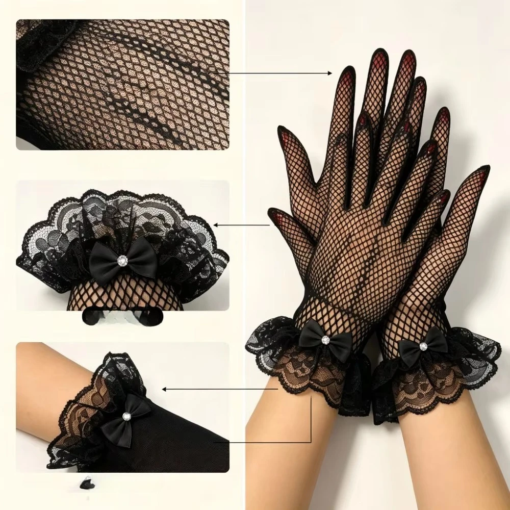 Women Thin Lace Full Finger Driving Gloves, Fishnet Mesh Ruffle UV Sun Protection Gloves, Black White
