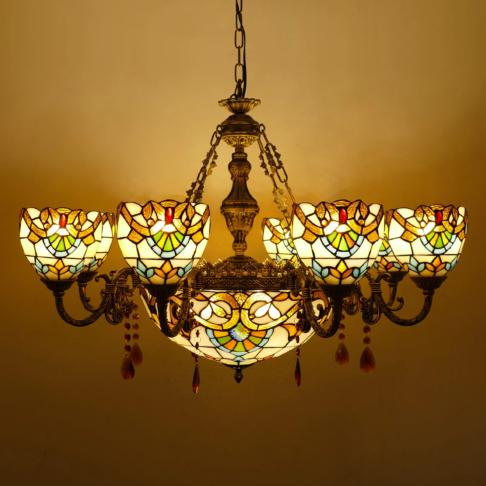 

#@ Lights Cream Brown Stained Glass Pendant Light Chain Adjustable Victorian Hang Lighting Fixtures