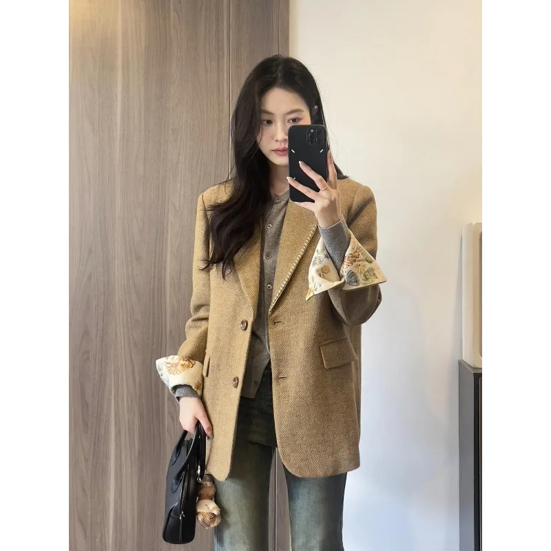 Rétro coréen kaki Tweed costume Jaet femmes ample décontracté Sle automne hiver haute qualité chaud longue Sve bouton unique E12383