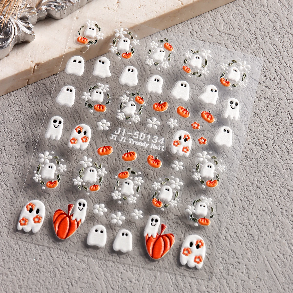 5D Embossed Halloween Nail Sticker, Cute Ghost Pumpkin Skull Bat Spider Floral Spooky Gothic Manicure Decorations DIY Nail Suppl view 6