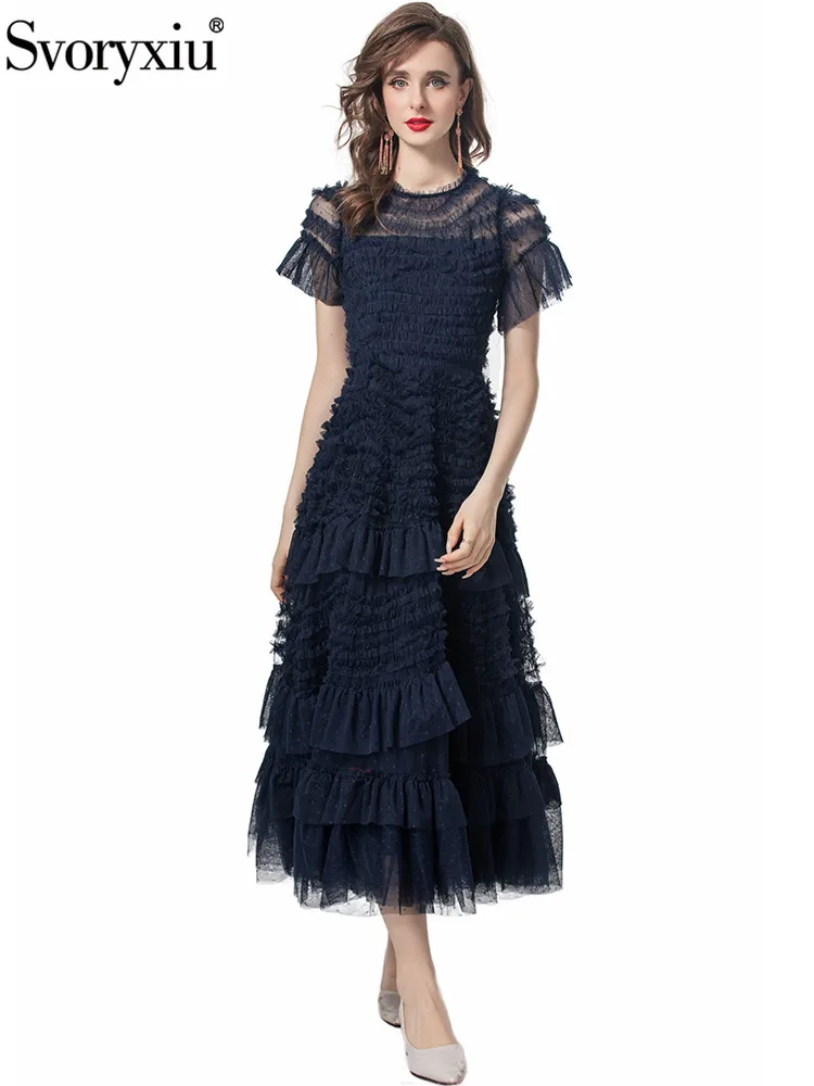 

Svoryxiu Runway Fashion Summer Dark Blue Vintage Long Dress Women's Flounces Collar High Waist Net Yarn Cascading Flounces Dress