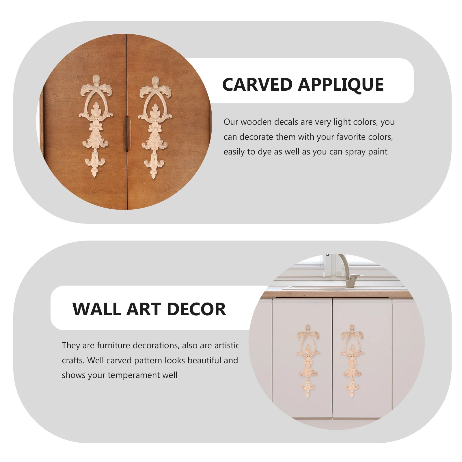 

2Pcs Carved Wood Wardrobe Applique Furniture Decoration Long Design Wall Art Home Decoration Wood Applique