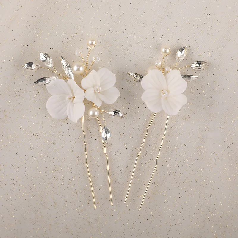 

Floralbride Alloy Leaf Ceramic Flower Rhinestones Crystal Pearls Bridal Hair Pins Wedding Hair Sticker Women Hair Accessories