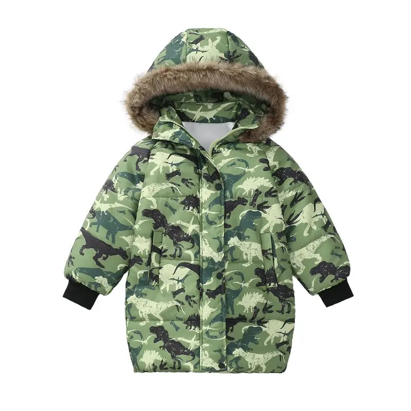 

5-13 Years Children Boys Girls Winter Down Child Warm Hooded Jacket Dinosaur Printed Coat Kids Waterproof Sportwear