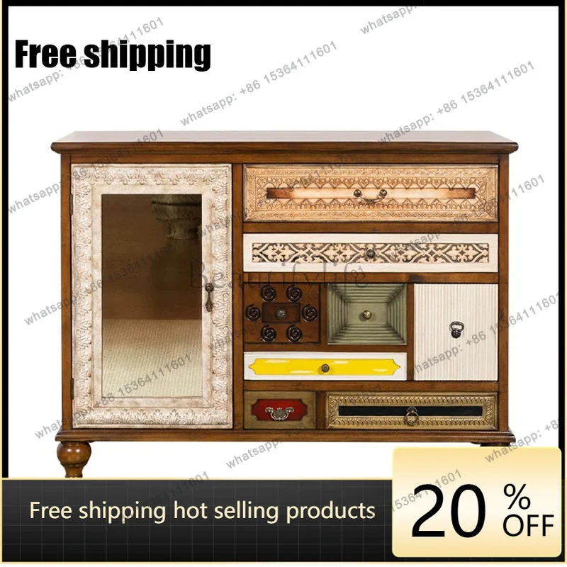 Zj. American retro living room solid wood decorative side cabinet integrated against the wall, door storage cabinet