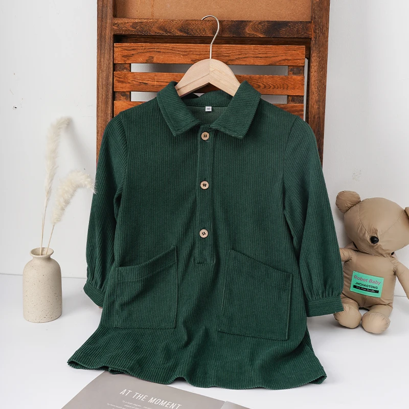 Lässiges Cordkleid für Mädchen 2026 Retro Herbst Neu Kinderkleid mit Revers Knöpfen Langarm mit Taschen Winterkleidung – Detail 24
