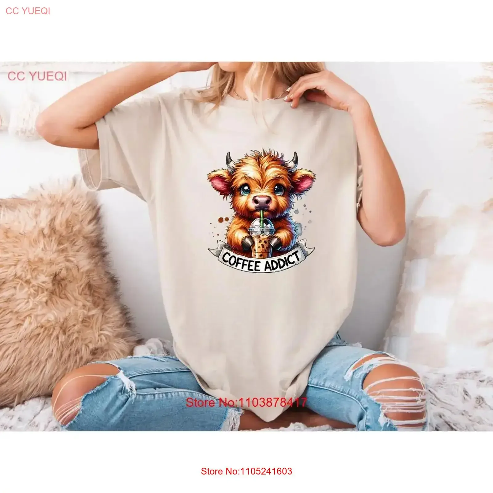 Cute Highland Cow T Shirt Coffee Addict Funny Lover Lovers Idea vintage Washed Versatile homme Breathable fashion Unisex