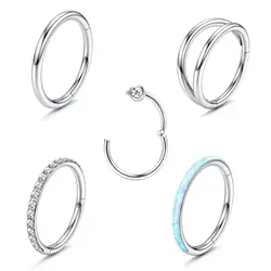 Drperfect Nose Rings Surgical Steel Hoop for Women CZ Opal Septum Piercing Clicker Lip Rings Helix Cartilage Earring Perforated