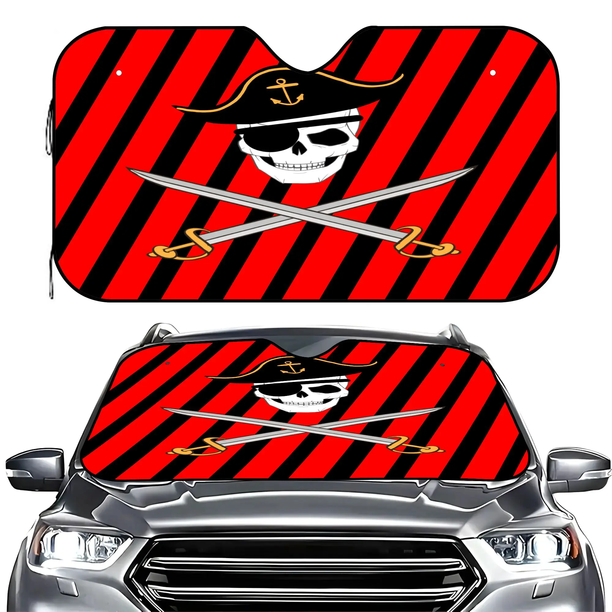 Pirate Skull Car Windshield Sun Shade, Heat Insulator UV Reflector Protector, Foldable Automotive Sun Visor for Cool Car