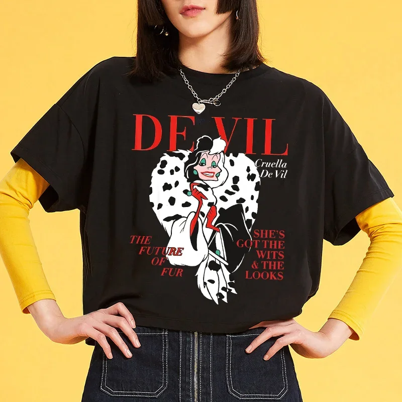 Disney Fashion Black and White Witch Demon Cartoon Cuira Cruella Printed T-shirt Women Short Sleeve O-neck Streetwear Tees Top