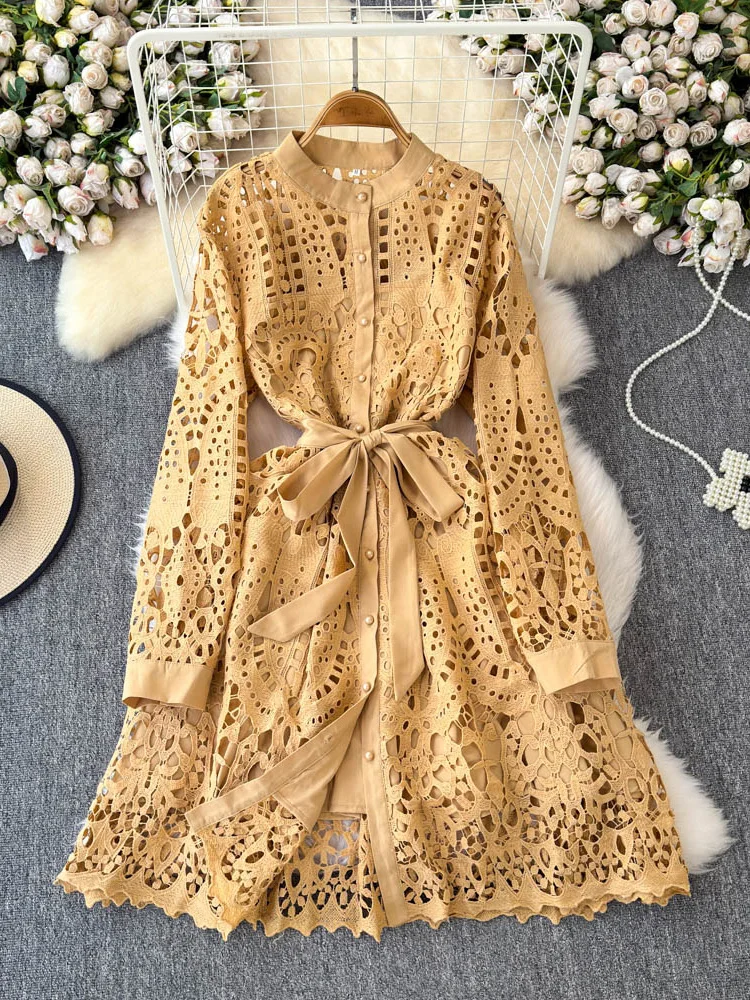 

Women Autumn Dress French Retro Lace Hollow Out Single Breasted Stand Up Collar Tie Up Long Sleeves Mid Length Vestidos DS052
