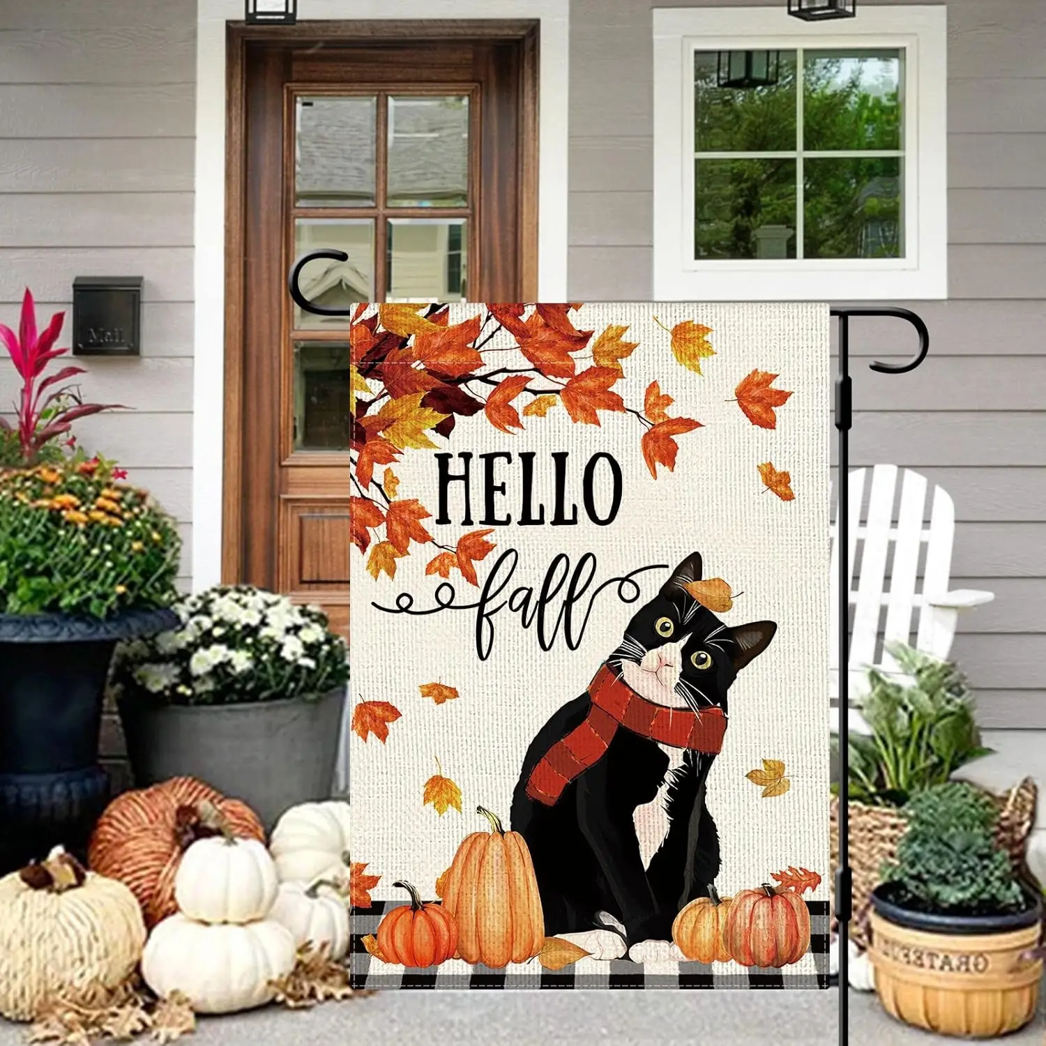DLZDN Hello Fall Cat Garden Flag Thanksgiving Garden Flag Autumn Pumpkin Maple Leaves Yard Flag 12x18 Inch Vertical Double S VVL