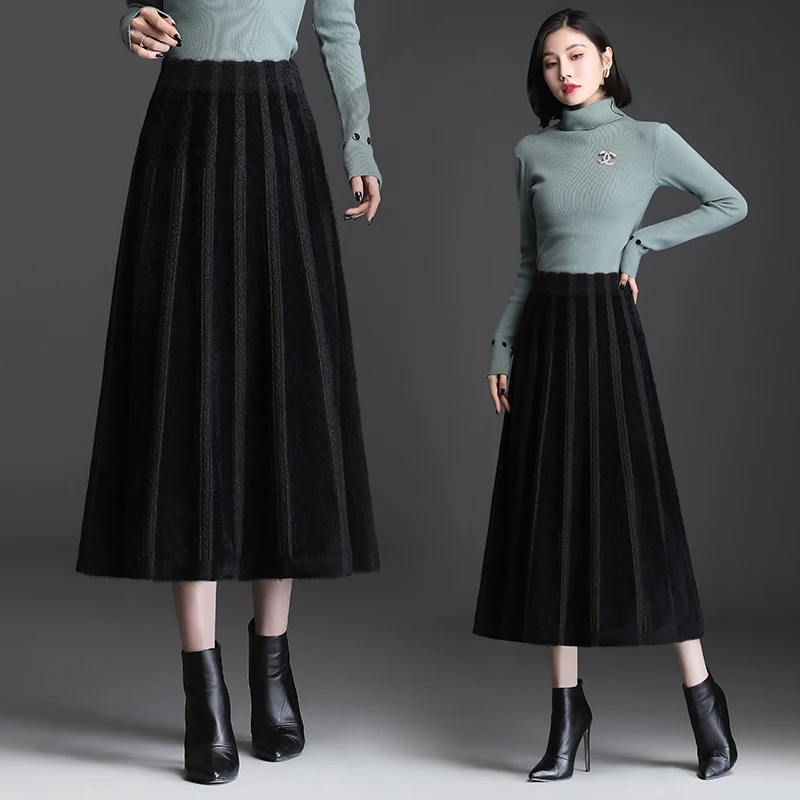 

High Waist Knitted A-Line Skirt Water Rabbit Fur f-length Autumn Winter Women's Faion Midi Skirt with Pleats Long Skirt