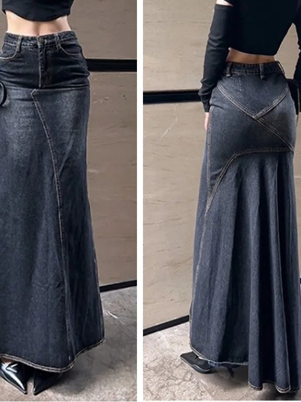 

Women's High Waist Spliced Fi Tail Denim Skirt Mid-Length A-Line Skirts Faion Versatile Decorative Embellied Jeans