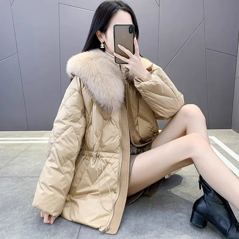 Cotton-padded Jacket with Big Fur Collar for Women Lace-up Jackets Vintage Female Clothes High Quality Winter Outerwears 2025