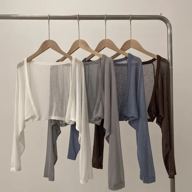 Cárdigan corto de punto de seda de hielo con protección solar para mujer, falda fina con tirantes, chaqueta de gasa en capas, cubierta con aire acondicionado