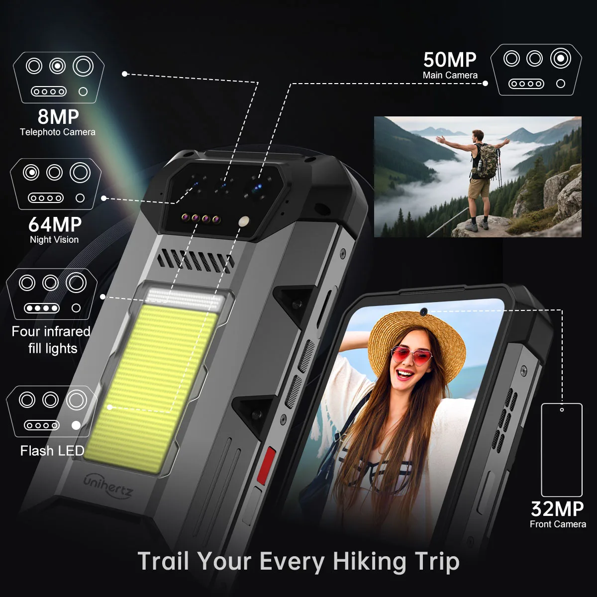 Unihertz Hike 8849 Rugged Smartphone Android 14 with 1200 Lumen 200 Meter Flashlight 23800mAh 12GB+512GB G200 CPU Dual Speaker
