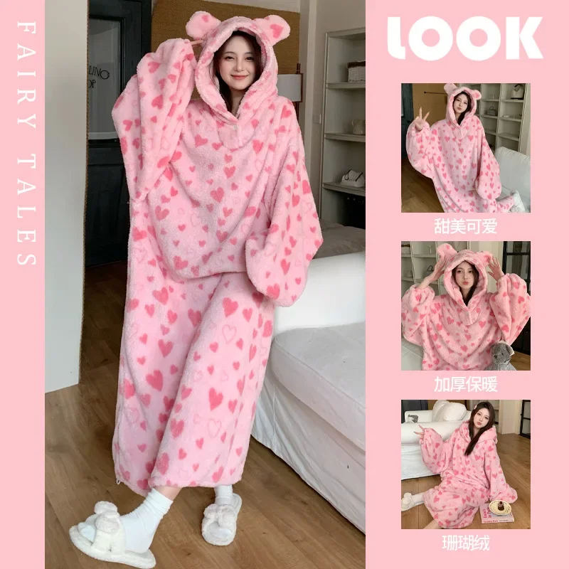 Plus Size Women Winter Thicken Night Dress Sweet Soft Coral Fleece Long Sleeve Hooded Nightgown Loose Sleepwear Home Clothes