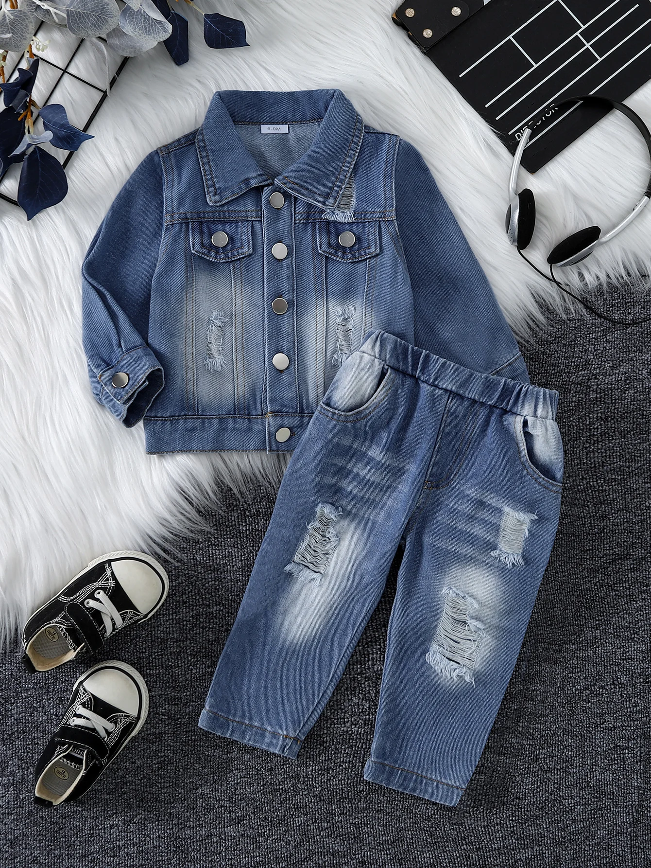Toddler Boys 6M-4Y 2Pcs Denim Clothing Set Vintage Distressed Ripped Jean Jacket + Holes Denim Pants Kids Fall Casual Outfit