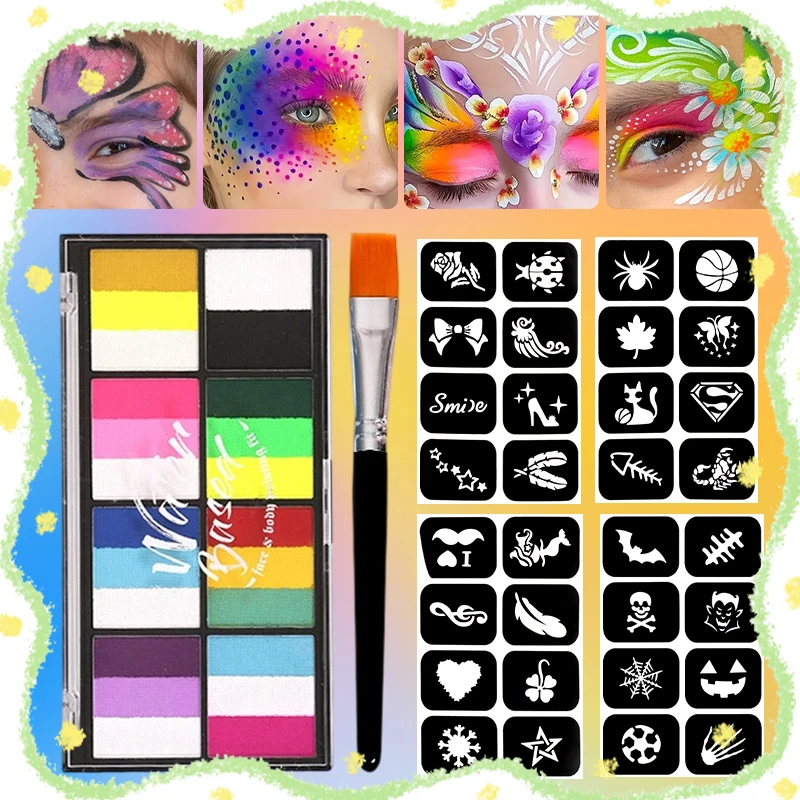 브러쉬 스텐실이 포함된 듀얼 톤 수성 페이스 & 바디 페인트 팔레트, 할로윈, 크리스마스를 위한 무독성 바디 페인트 팔레트 메이크업