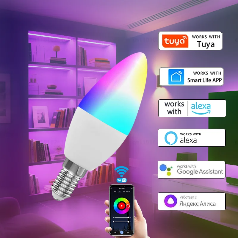 【セール中】E14 Tuya WiFi スマートLED電球 キャンドルライト 220V 9W 7W 5W RGB 調光可能ランプ アプリ音声制御 Alexa Google Home対応
