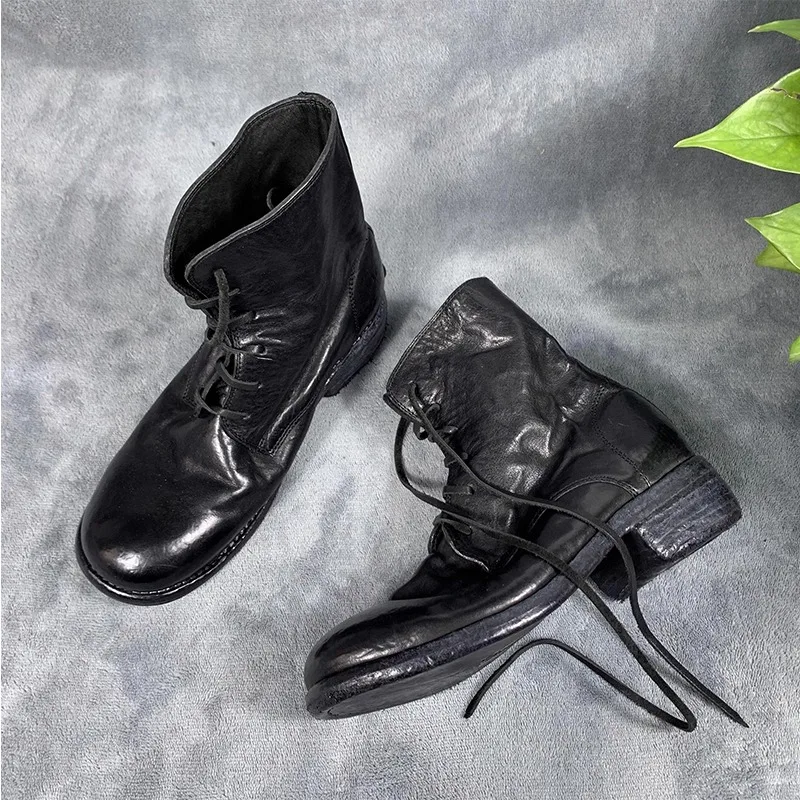 

Handmade Men High Top Boots Genuine Leather Mid Calf Work Shoes Street Fashion Women Ankle Boots Outdoor Trend Motorcycle Boots